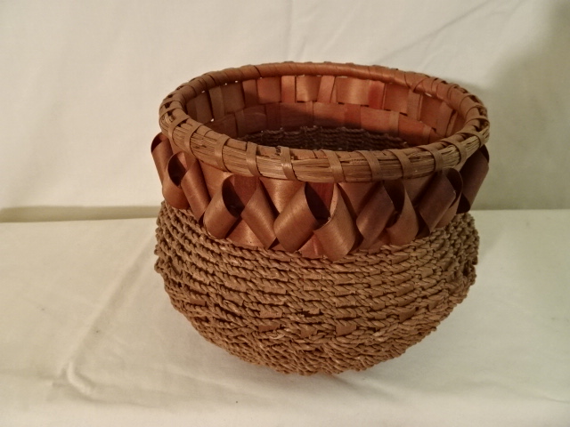 #157 Round Antique Handmade Indian Basket - 6 1/2" round x 5" h plus ribbon decor